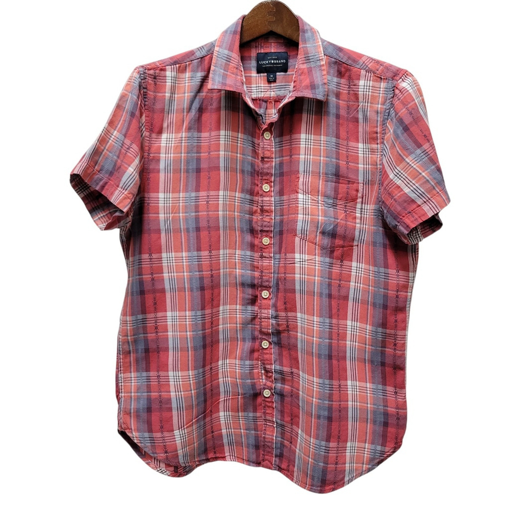 Lucky Brand Men's Plaid Shorts Sleeves Shirt Size Medium Excellent Condition